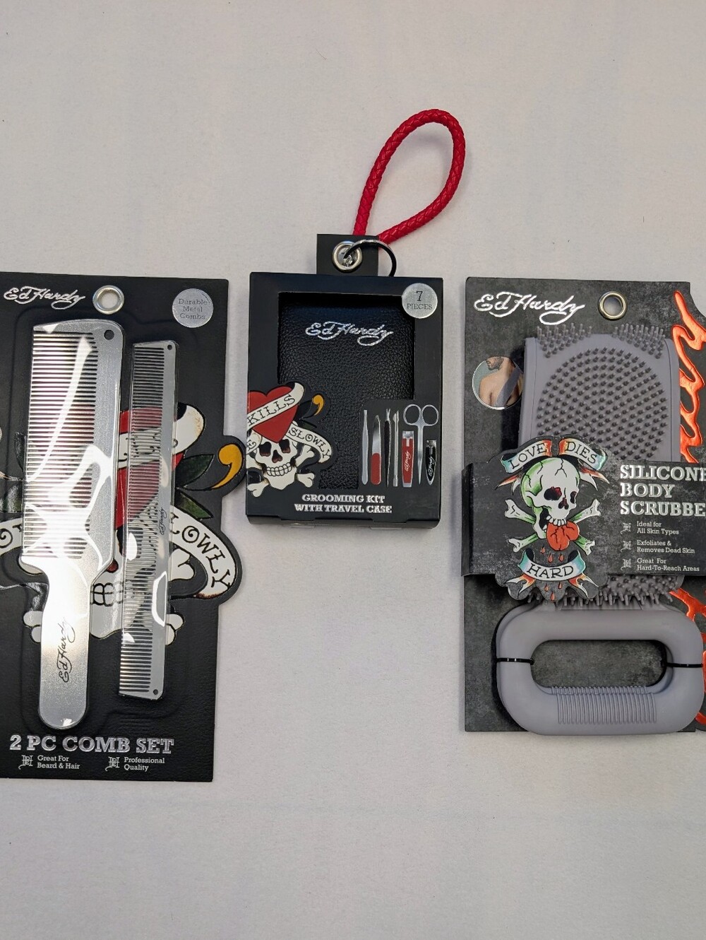 Ed Hardy Gray Silicone Body Scrubber & Grooming Kit with Combs